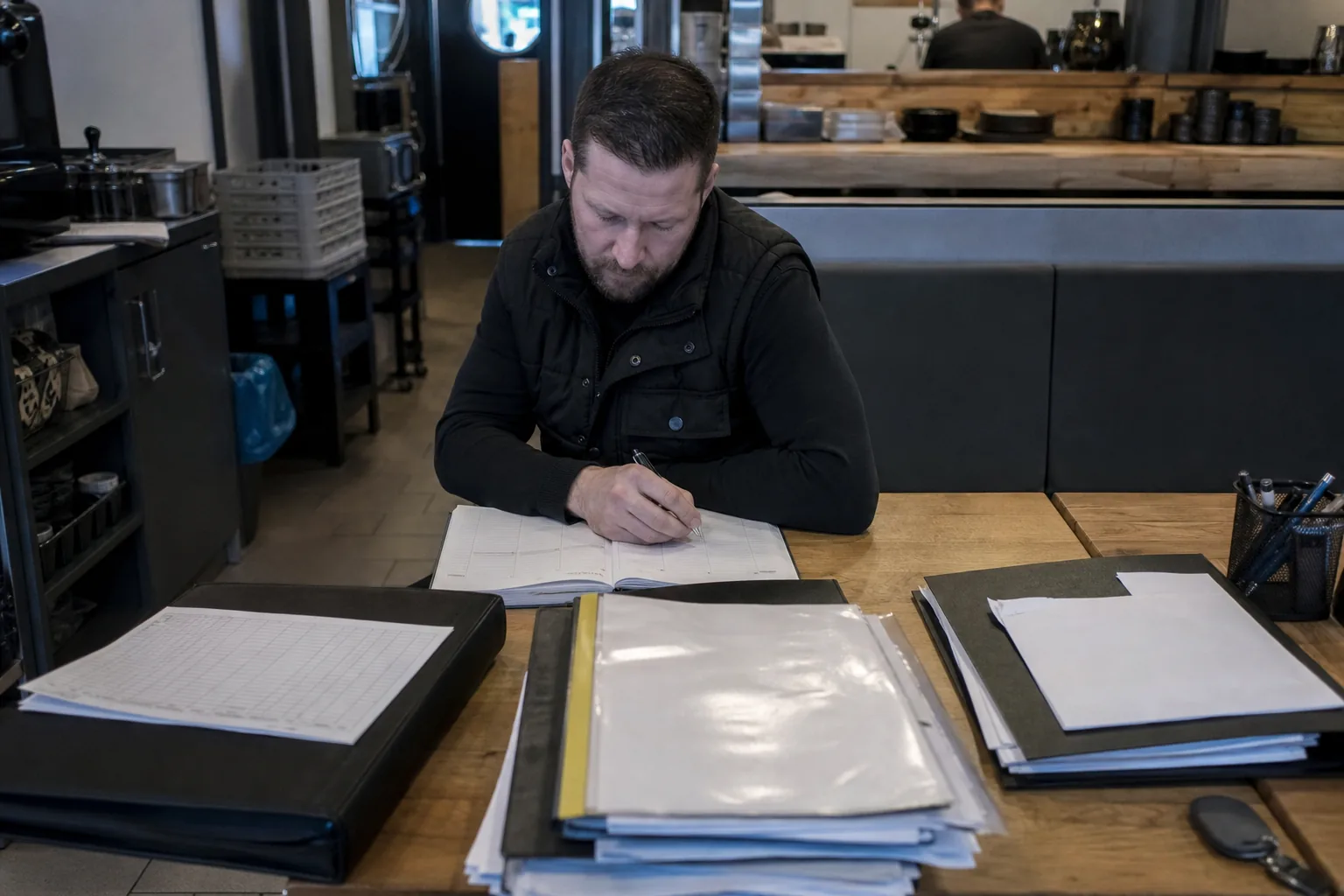 Restaurantmanager plant Termine für Belehrungen und Unterweisungen in einem Kalender.