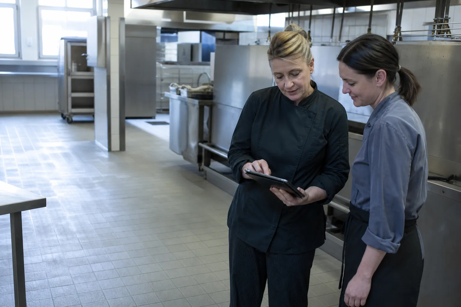 Küchenleitung und neue Mitarbeiterin prüfen Belehrungsnachweise auf einem Tablet