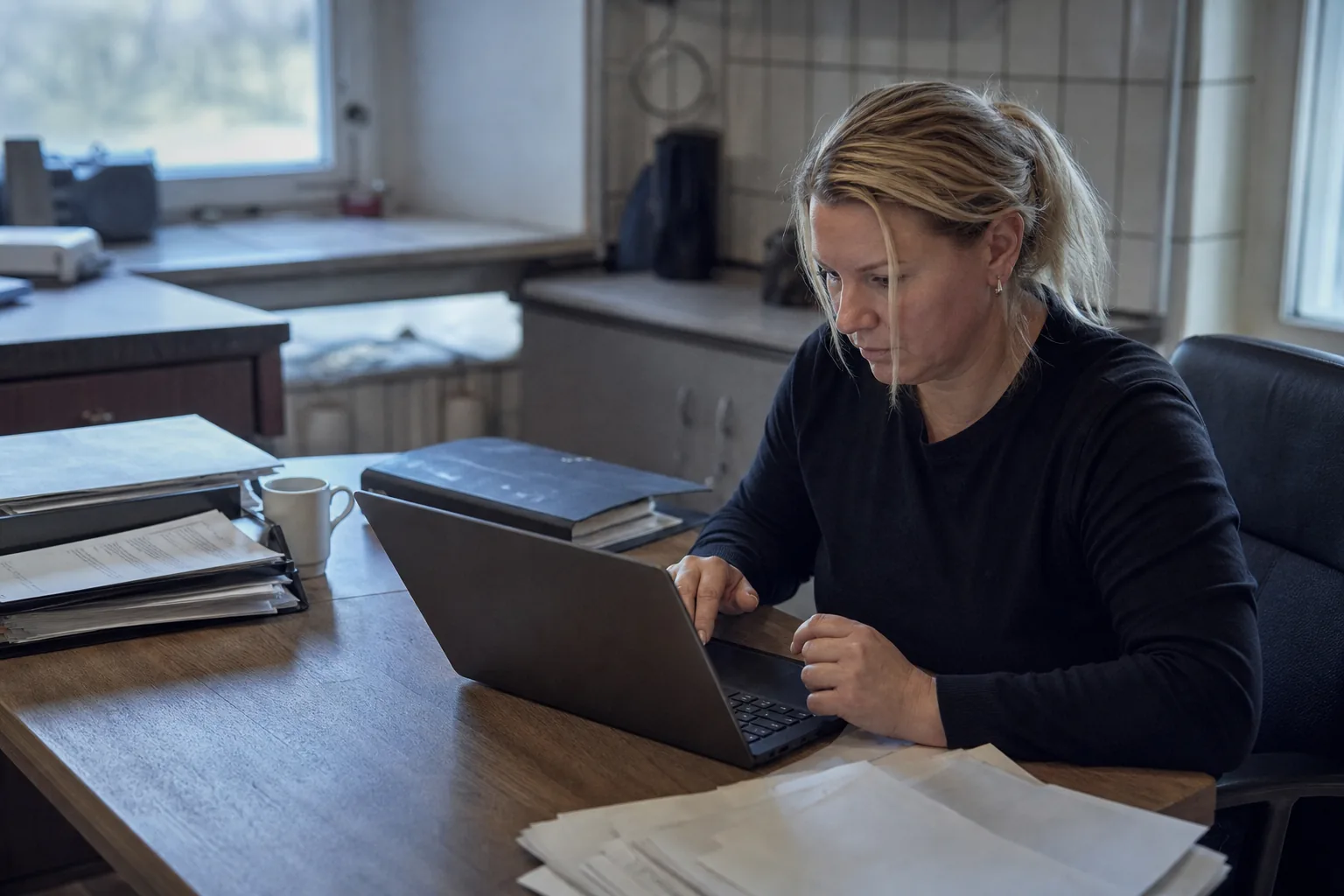 Betriebsleiterin prüft Personalakten und Papierbescheinigungen im Restaurantbüro